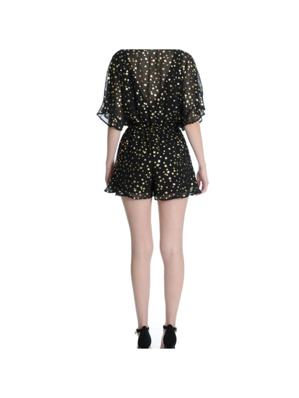 Gianni Bini Black & Gold Star Sheer V-Neck Ruffle Whimsigoth Romper- Size Small - Picture 3 of 5